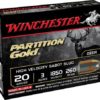 Winchester partition gold 20 gauge ammunition offers exceptional performance and accuracy. With a hollow point sabot slug weighing 260 grains, it delivers deep penetration and consistent results. Designed for versatility and reliability, this ammunition is suitable for hunting various game species. Whether you're aiming for deer, boar, or other big game, Winchester Partition Gold 20 Gauge provides the power and precision needed for a successful hunt.