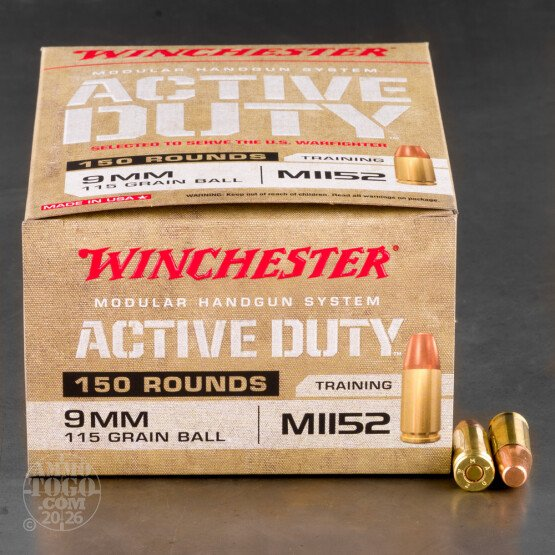 Winchester Active Duty MHS Ammunition 9mm M1152 115 Grain Full Metal Jacket Flat Nose