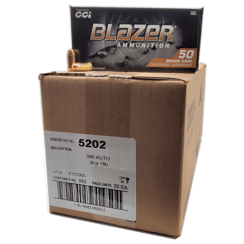 CCI Blazer Brass 380 Auto Ammunition CCI5202 95 Grain Full Metal Jacket Case of 1000 Rounds